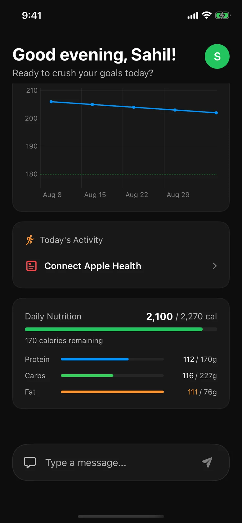 Daily Nutrition card showing 2,100 of 2,270 calories with protein, carbs and fat against their targets